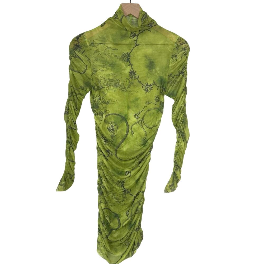 Green Sheer Rouched Gothic Dress Size Medium Graphic Rose Thorns Snakes Moon